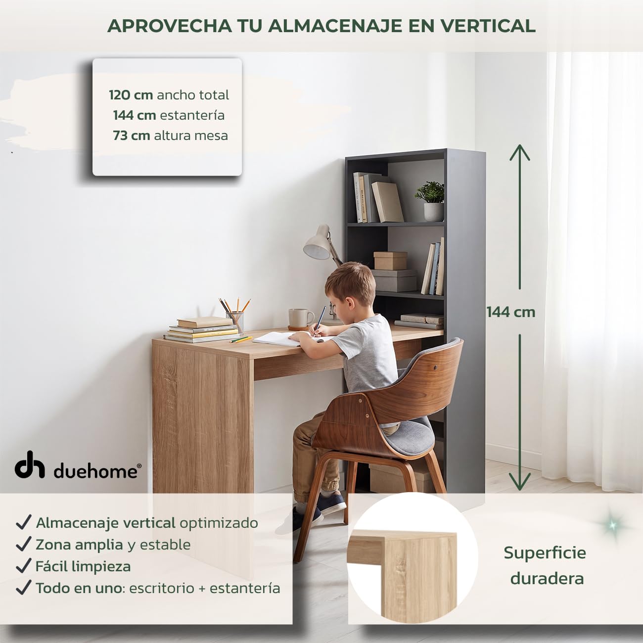 duehome | Escritorio Juvenil con Estanteria Reversible, Mesa de Ordenador, Modelo Cosmic, Acabado en Gris Antracita y Roble Canadian, Medidas: 120 cm (Largo) x 53 cm (Ancho) x 144 cm (Alto)