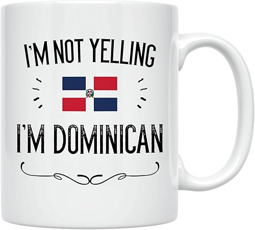 Casitika Divertidos regalos de República Dominicana. Taza de café de cerámica de 11 onzas con texto en inglés "I'm Not Yelling I'm Dominican". Tazas