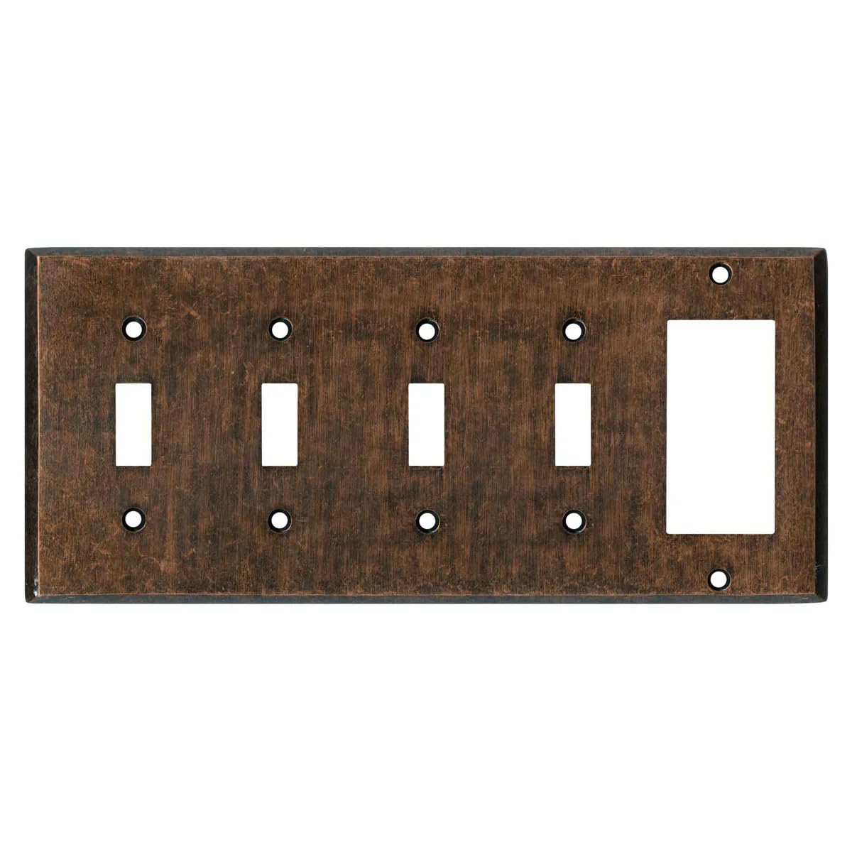 Switch Hits Mottled Antique Copper Outlet Wall Plate | 4 Toggle - 1 GFI Rocker | 10.1" x 4.6" | Hand-Polished Brass Construction | Electrical Switch