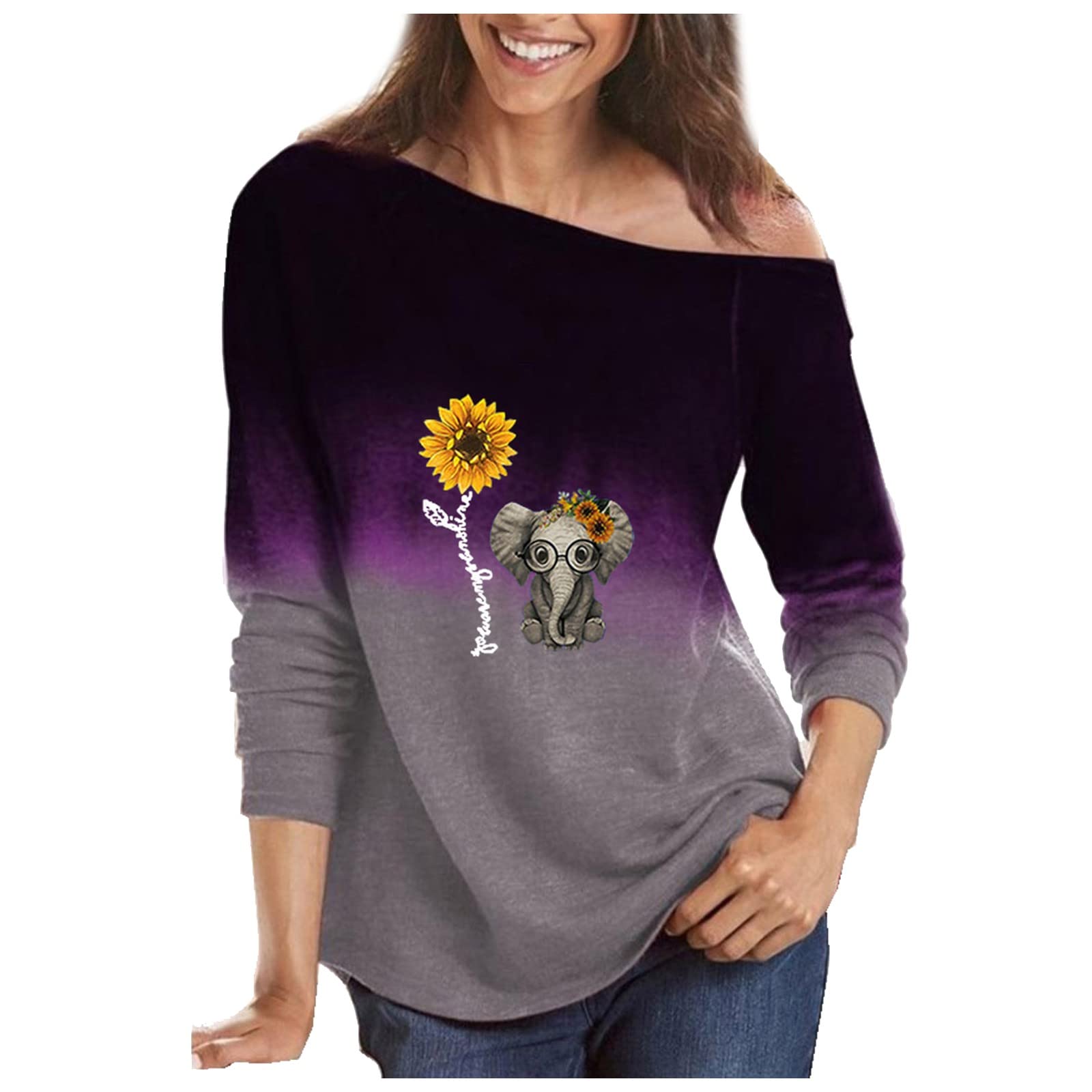 DENGZI Tunic Tops Womens Autumn Long Sleeved Tops Polyester Relaxed Fit O-Neck Sunflower Soft Hike Frilly Pop Tunic Ladie's