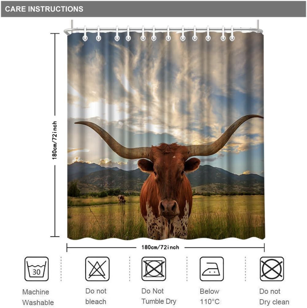 Longhorn Cow Shower Curtains Texas Bath Decor Waterproof Polyester Animal Curtain with 12 Hooks 72x72 Inchs