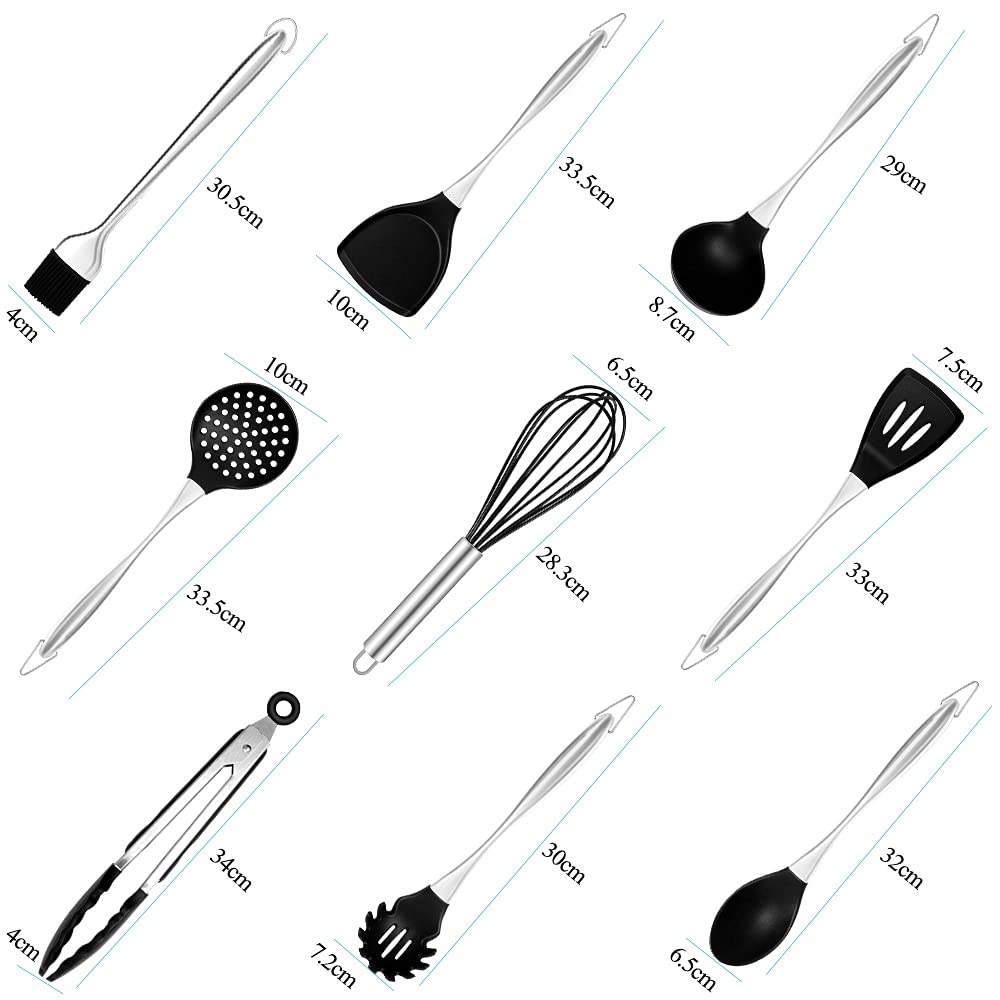 SKUZA Küchenutensilien-Set, Silikon-Spachtel-Küchengeschirr-Set, Edelstahlgriff, Küchenwender, Kochutensilien, Utensilien, Backwerkzeug-Kit, Löffel (Color : 9pcs) (Color : 8pcsb)