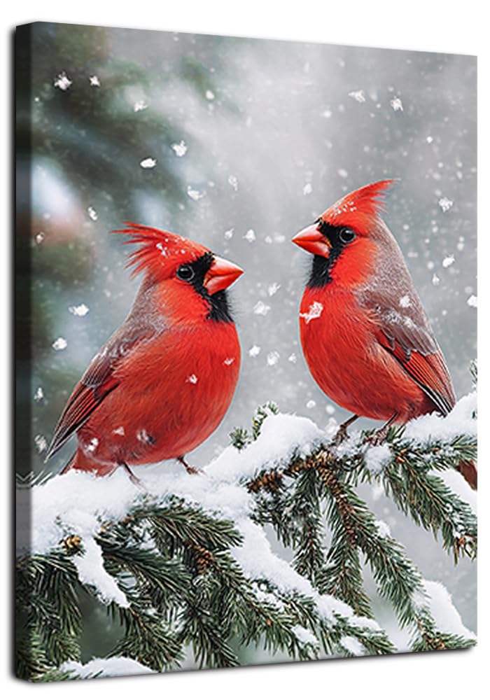 Cardinal Wall Art Christmas Red Bird Canvas Prints Winter Picture Cardinal Painting Stretched and Framed for Holiday Decor 16x20inch