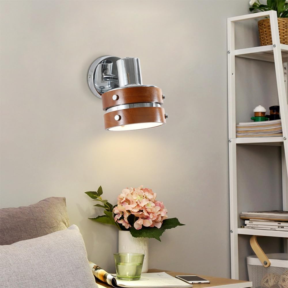 Vintage Wall Sconce 180 Degree Adjustable Wall Light Fixture with Wood Ring Hardwired Chrome Wall Lamp Modern Indoor Wall Mount Lamp for Living Room Bedroom Bedside