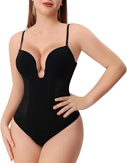 Thong Shapewear for Women Tummy Control Low Back U Plunge Backless Body Shaper Bra Faja with Open Crotch Bodysuit