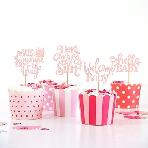 Miniatura 8 de Paquete de 24 adornos para cupcakes con texto en inglés A Little Sunshine is On The Way, Here Comes The Sun, Here Comes The Sun, para bodas, baby