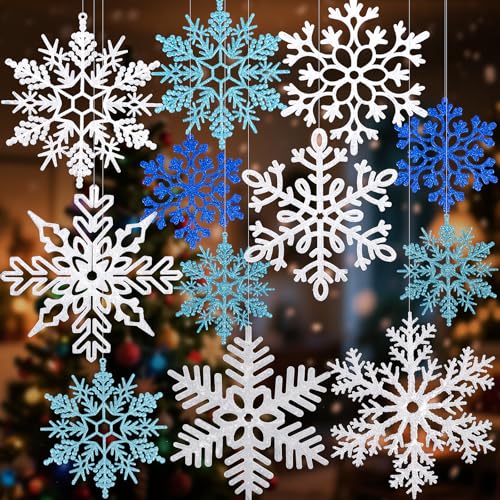 FOIMAS 12pcs Large Snowflake Ornaments, Hanging Glitter White Giant Snowflake Decorations for Xmas Tree Indoor Outdoor Winter Holiday Decor (White & Blue)