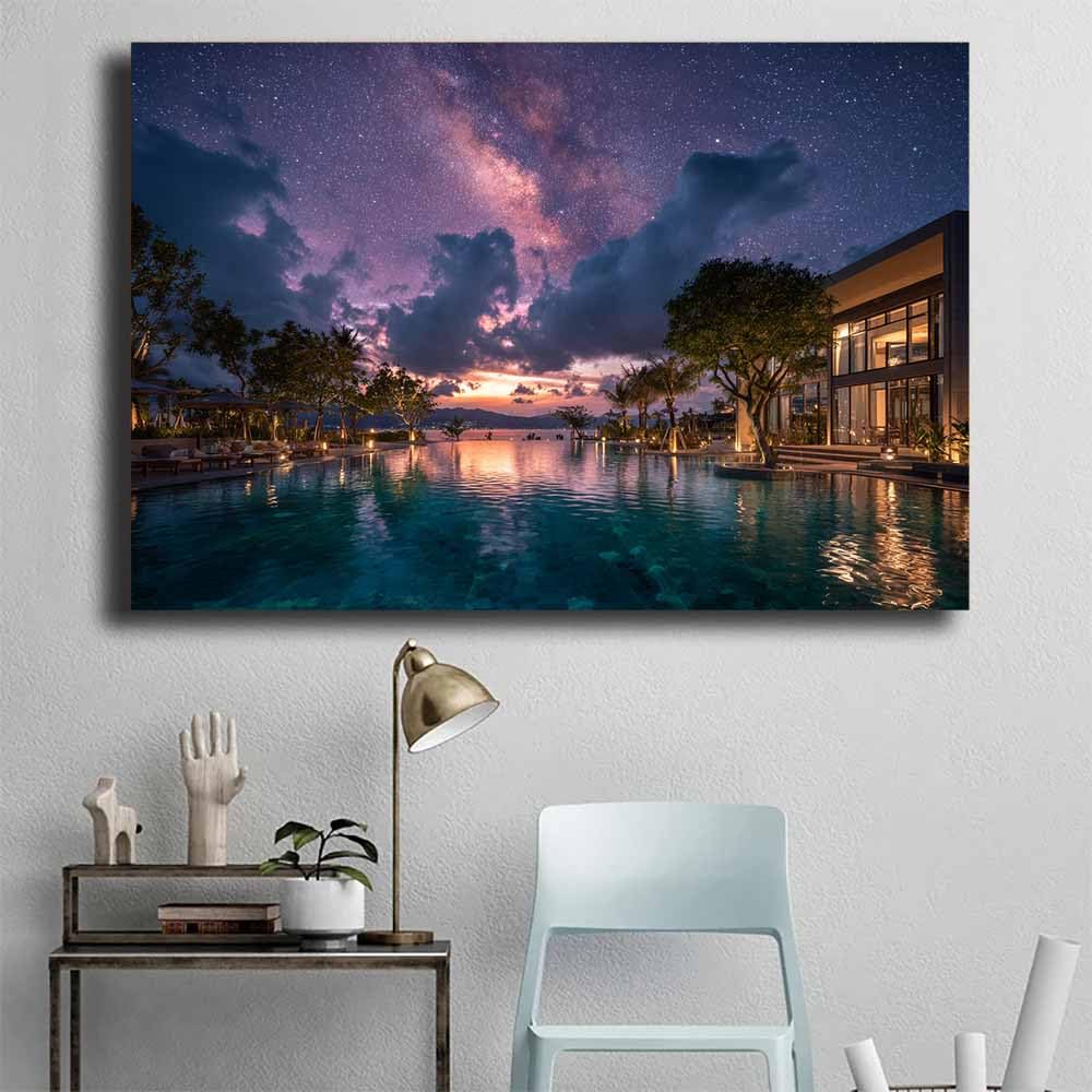 HOQIU Bilder natur Milky Way Resort Pool leinwand bilder,wandbilder schlafzimmer, bilder wohnzimmer(Mehrfarbig)-60x80cm Gerahmt