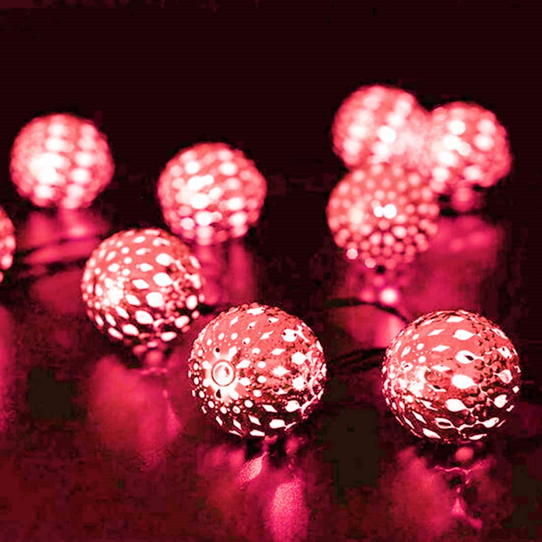 OKQYIMAQQ Solar Metal Ball String Lights Outdoor, 6m 30LED Solar Metal Ball Globe String Lights Waterproof 8 Mode for Garden Yard (Pink)
