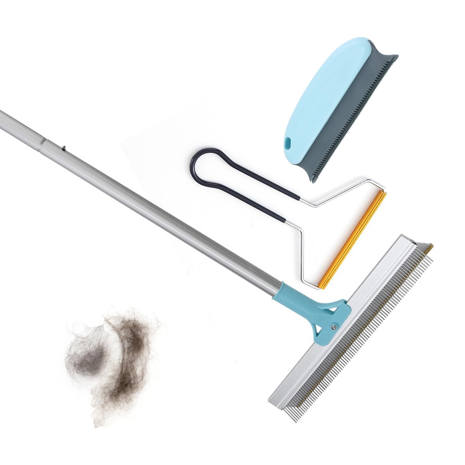 Flymer Pet Hair Remover Set, Carpet Scraper for Pet Hair Removal, Retractable Carpet Rake with 53in Long Handle for Rugs, Mats, Couch