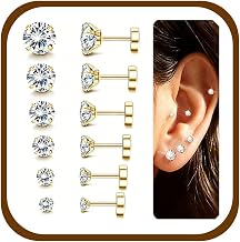 6 Pairs Flat Back Earrings for Women Men Stainless Steel Cubic Zirconia Hypoallergenic Cartilage Helix Ear Piercing Silver/Gold