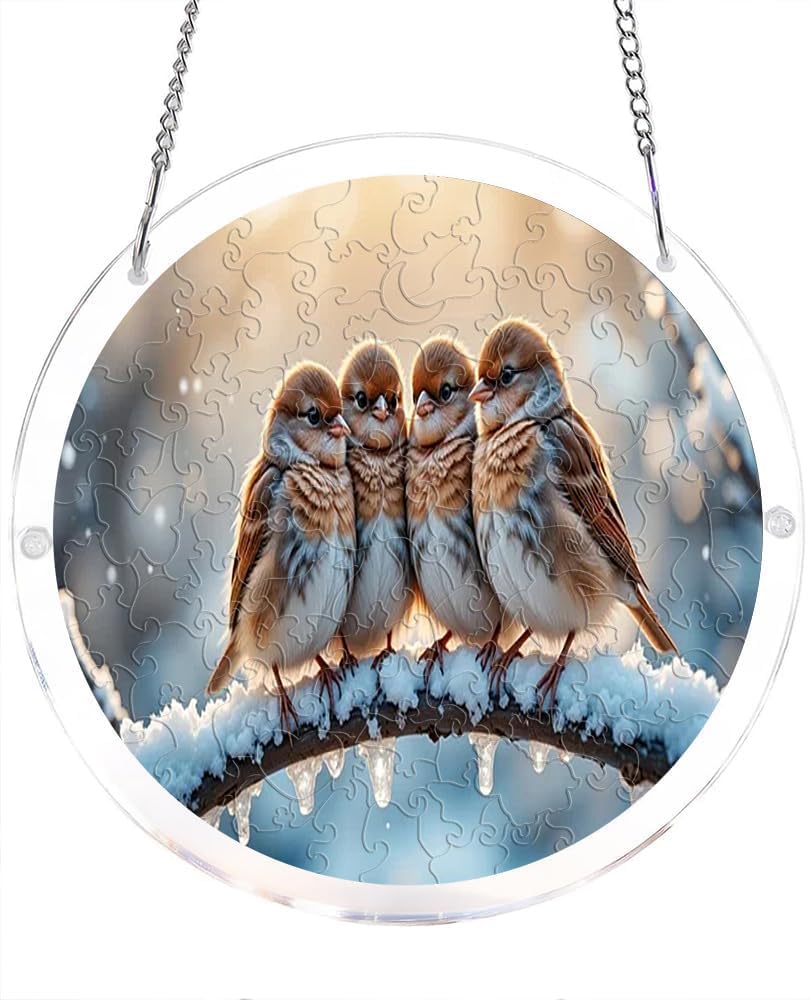 Four Sparrows Perched On Snowy Branch Acrylic Jigsaw Puzzles Suncatcher, 7.4 Inch Window Hanging Suncatcher Acrylic Puzzle, DIY Home Decor Art Gift