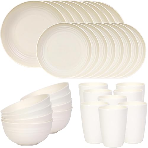 Quatish 32 Piece Plates and Bowls Sets of 8, Unbreakable Wheat Straw Dinnerware Sets, Plastic Dish Set for Camping, Dishwasher Microwave Safe, Outdoor Kitchen and Apartment Dinning Essentials, Beige