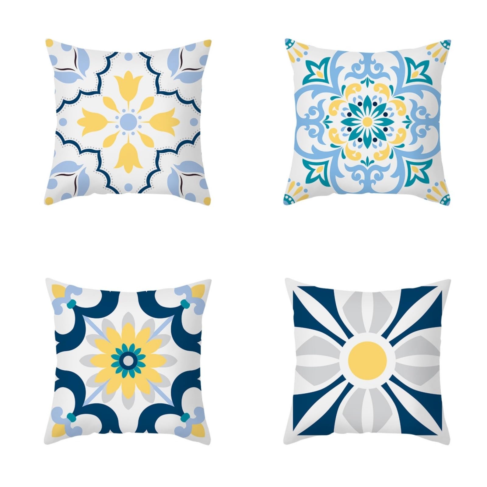 Pillow Cases 4 Pack Blue Yellow Geometry Cushion Covers Soft Linen Cushions with Covers Included Washable Sofa Cushions with Invisible Zip Pillowcase Pillow Cover Breathable Cushion Cover 45x45cm