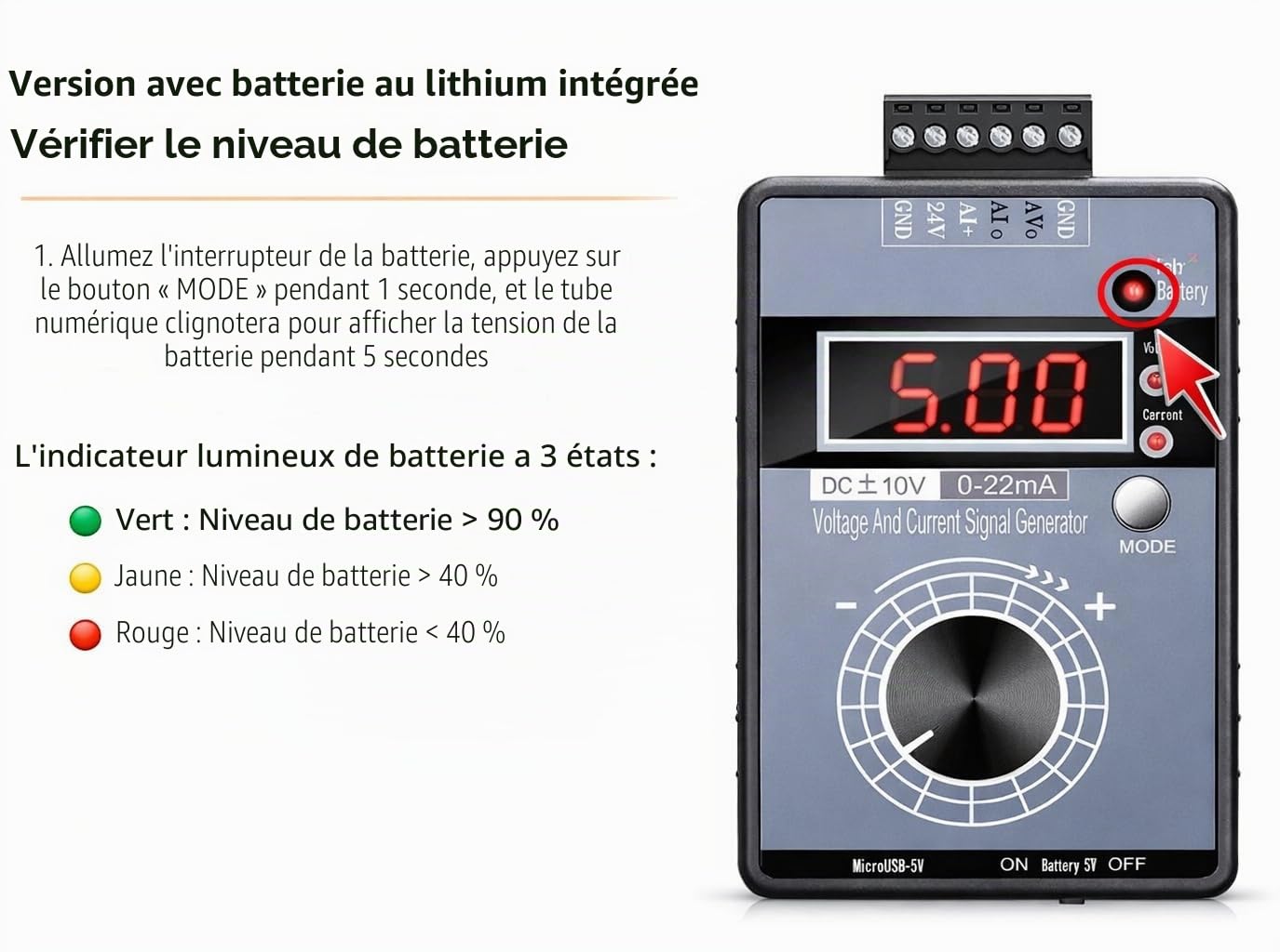 Générateur de Signal Portable, 0-10V 0-22mA Générateur de Signal de Courant de Tension, Calibrateur de Source de Signaux Analogiques, Ajustable Simulateur Analogique de Tension et de Courant Réglable