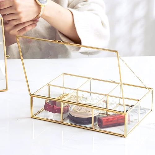 Miniatura 4 de Caja de vidrio vintage dorada de vidrio transparente y latón para almacenamiento de joyas y maquillaje cosmético, soporte para lápiz labial,