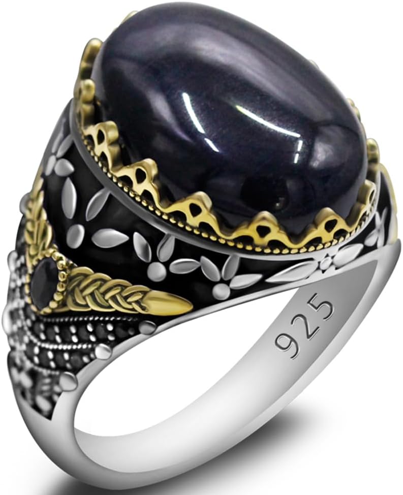 S925 Sterling Silver Agate Men's Ring Black Stone Jewelry Handmade Turkiye Vintage Ring Luxury Jewelry Band Size (8, black)
