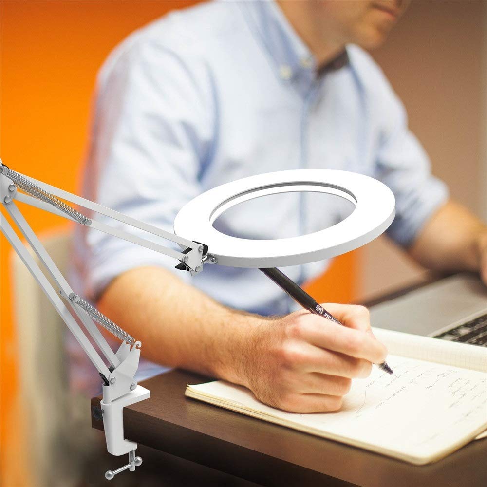 Lámpara de mesa, lámpara de mesa Lámpara de escritorio con brazo oscilante LED Lámpara de mesa de 7W Metal con abrazadera Atenuación continua Anillo de lupa Luz de lectura 3 Temperatura de color