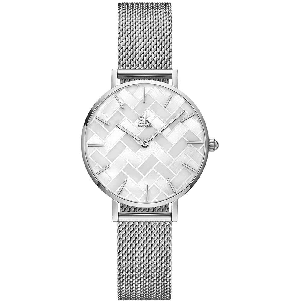 SHENGKE Creative Starry Sky Women Watch with Stainless Steel Mesh Band Genuine Leather Elegant Floral Women Watches