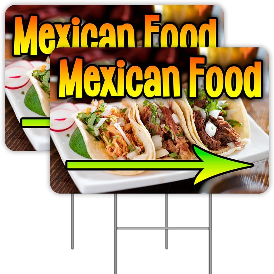 Mexican Food Arrow 2 Pack Double-Sided Yard Signs 16" x 24" with Metal Stakes (Made in the USA)