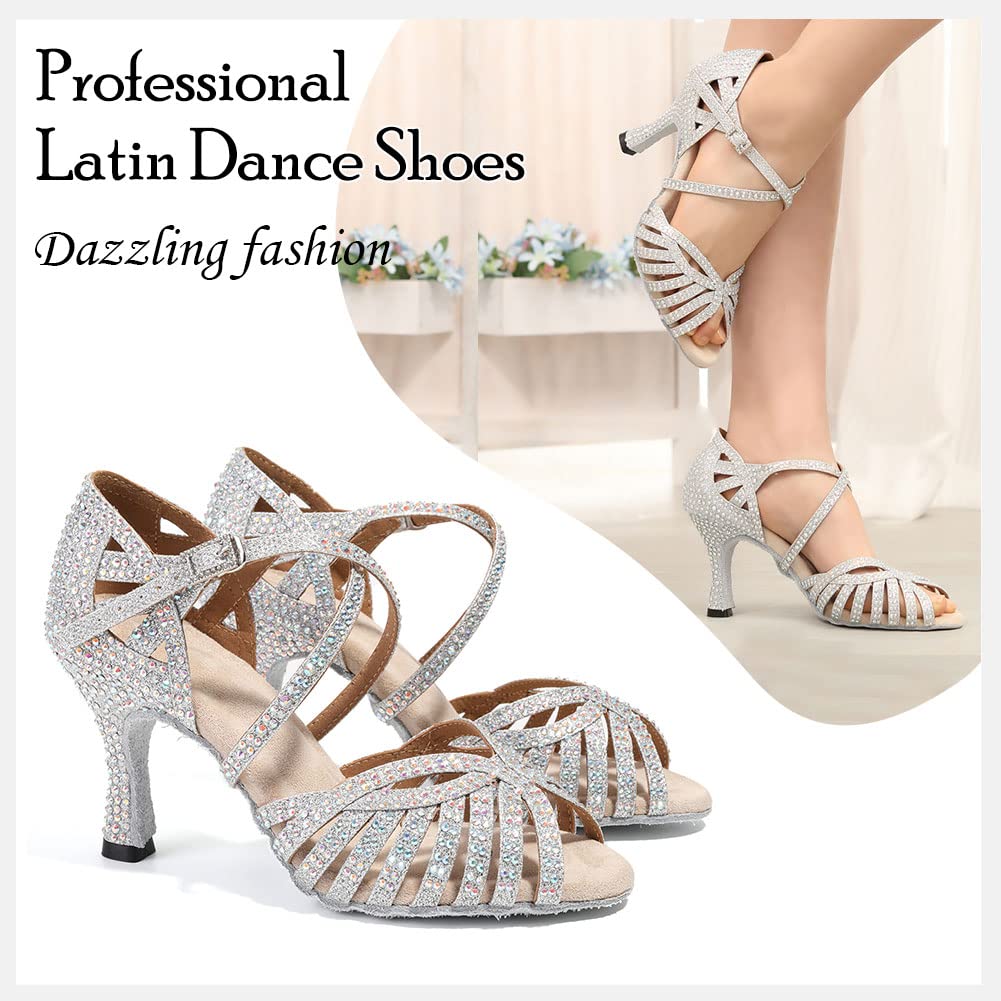HIPPOSEUS Scarpe da Ballo Latino Argento Salsa con Strass Donna Scarpe da Ballo da Sala Bachata Danza al Coperto Tacco 8.5 cm L380,35 EU