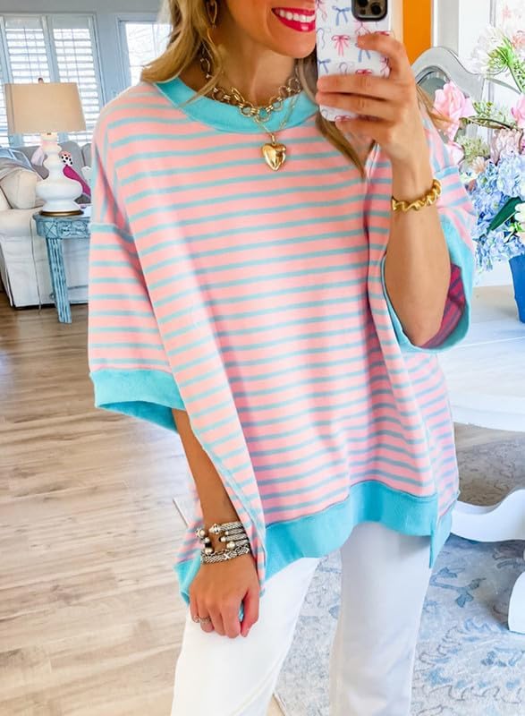 Image of SHEWIN Womens Tops Casual Short Sleeve Sweatshirt Crewneck Striped Shirt Pullover T Shirts Loose Blouses