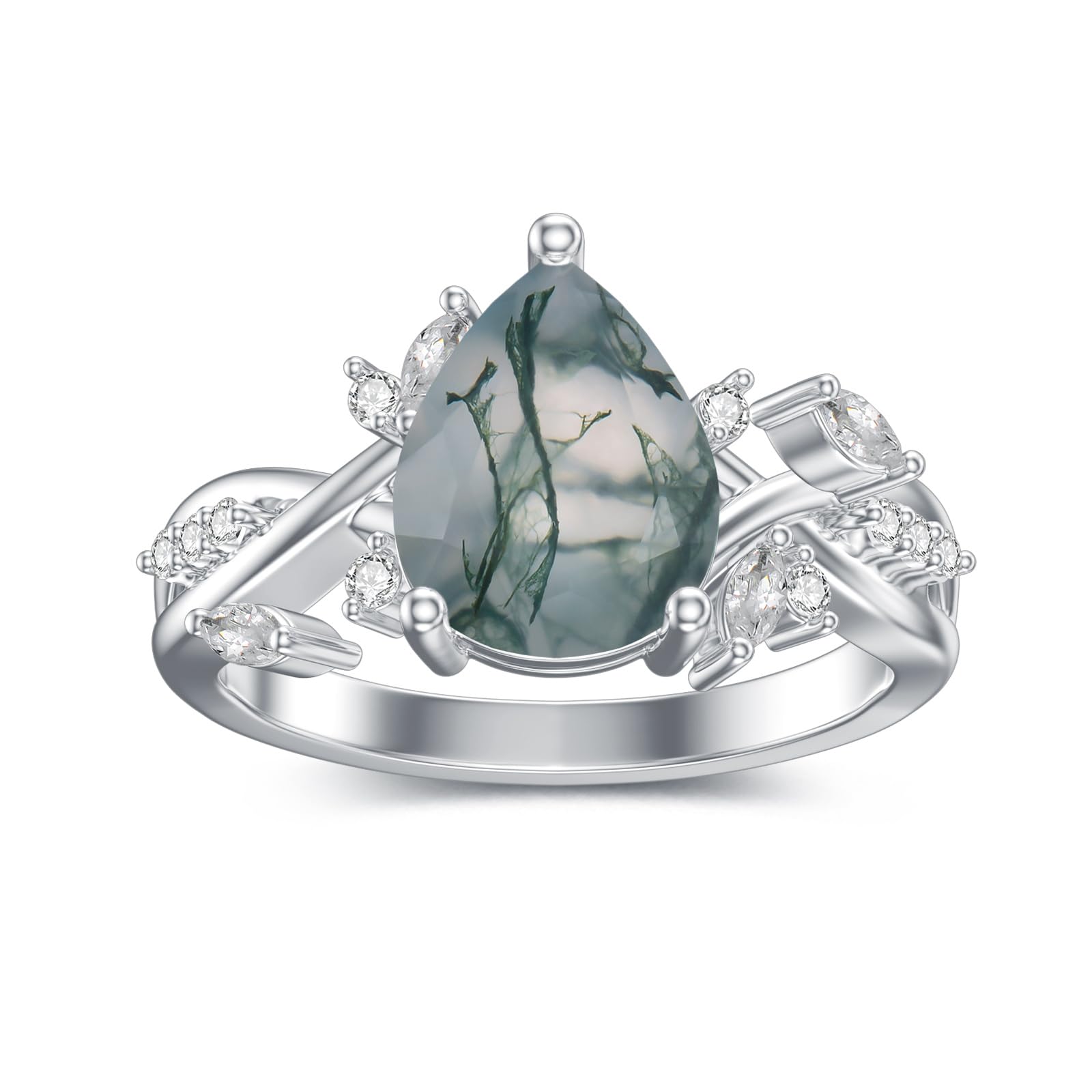 VONALAMoss Agate Ring 925 Sterling Silver Size 9 Teardrop Aquatic Green Agate Rings Leaf Promise Engagement Ring Wedding Jewellery Gift for Women Her Wife