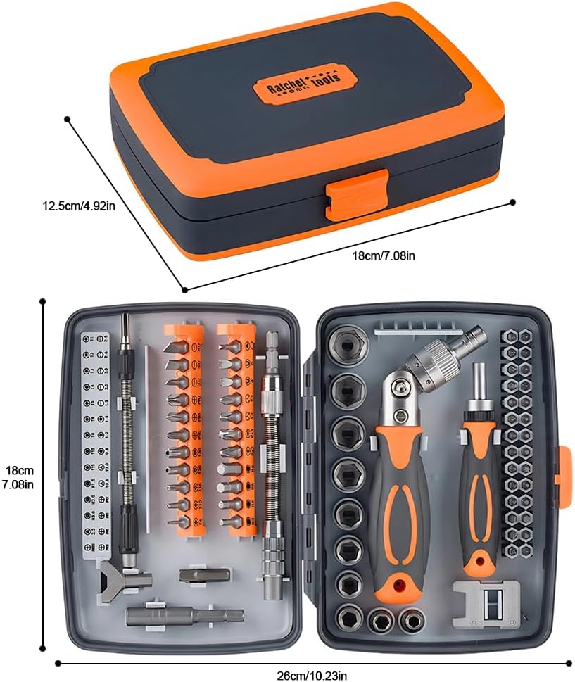 Precision Ratcheting Screwdriver Set, 68 in 1 Socket Set & Magnetic Screwdriver Bit Set with Rotatable Ratchet Handles and Extensions Bar for Phone/Computer/Bike/Car/Electronics Maintenance (Orange)
