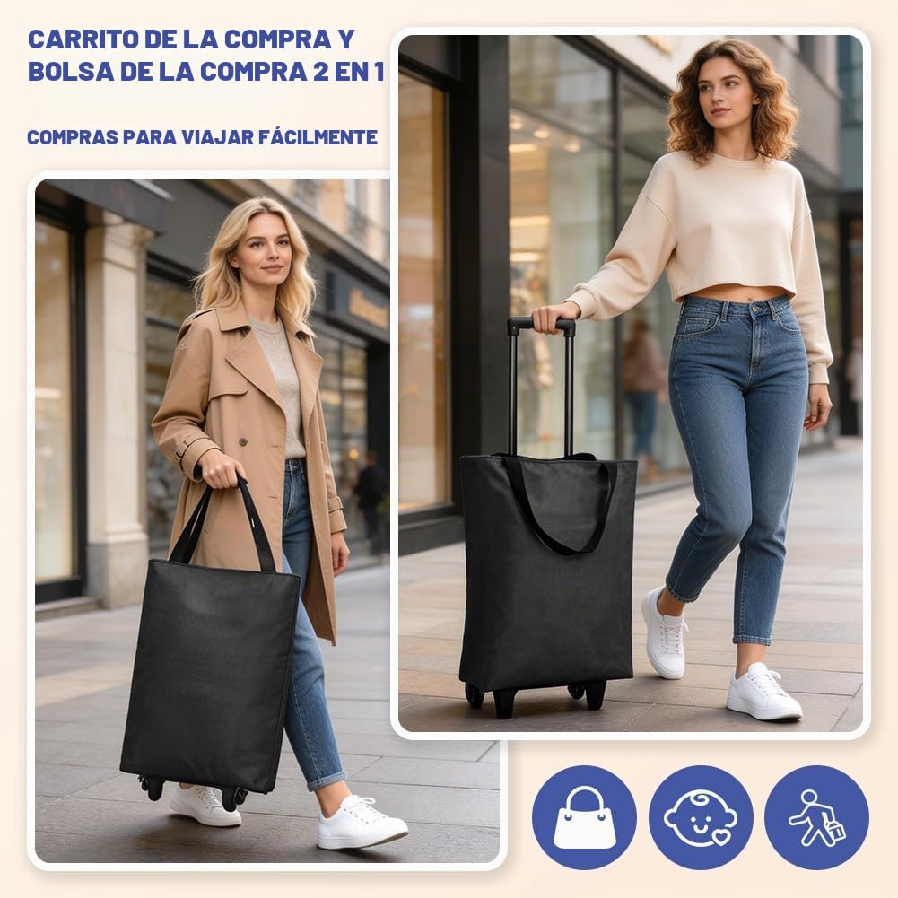 Carro de la compra plegable, 30 litros, carro de 2 en 1, moderno, con bolsa, carro de la compra ligero, hasta 25 kg, para acampar, viajar, supermercado (negro)