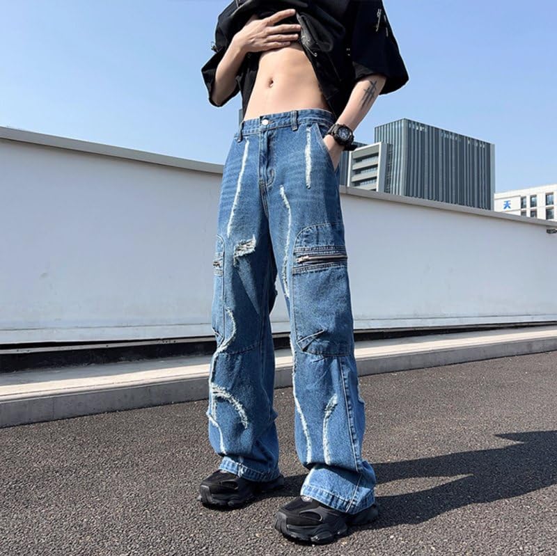Unisex Y2K Wide Leg Baggy Distressed Cargo Jeans – Vintage Washed Loose Fit Denim Streetwear Pants with Zipper Detail4