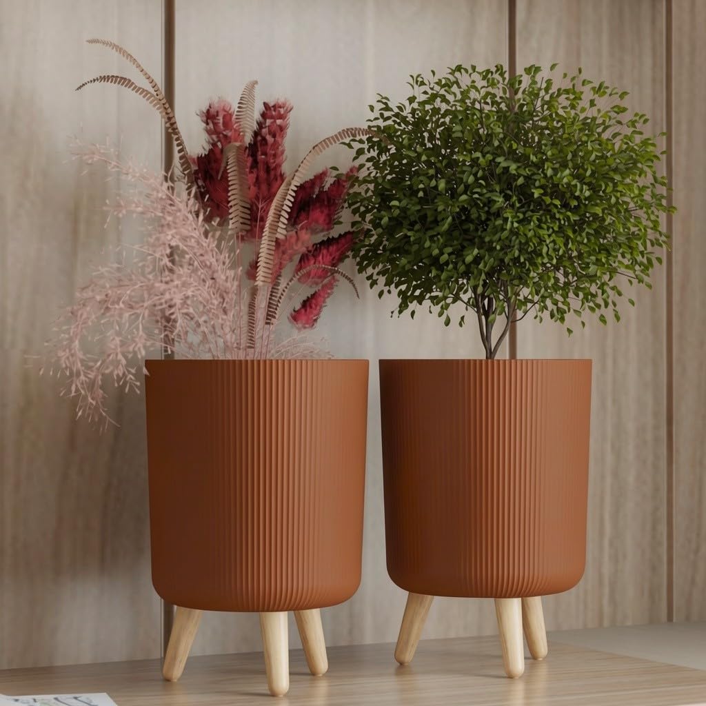 StyleX Store Modern Flower Pot with Plastic Legs | Indoor Outdoor Planter for Home Garden Balcony Decor Ribbed Design Sturdy Plastic Mid-Century Style (Wood Brown Pack of 2)-image-13