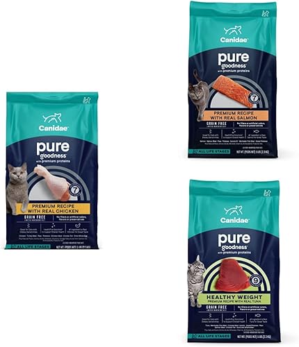 CANIDAE Pure Limited Ingredients Paquete de comida seca prémium para gatos, recetas de pollo, salmón y atún de peso saludable, 5 libras (paquete de