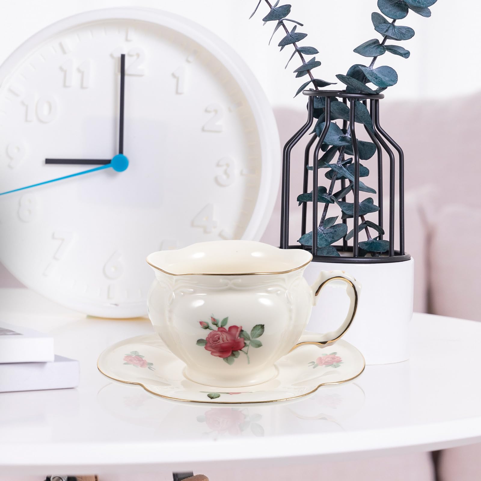 Beavorty Juego de Tazas de Café Tapa y Platillo, Cerámica Resistente, para Uso en Cocina Obsequio para Familia y Oficina