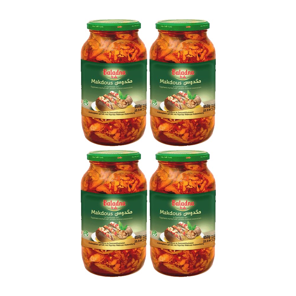 Baladna Makdous 950 g x 4 | Auberginen gefüllt mit Paprika-Walnuss-Zubereitung | Perfekt für Mezze, Vorspeisen & Beilagen | Orientalische Spezialität | Vegan | Glutenfrei | Halal