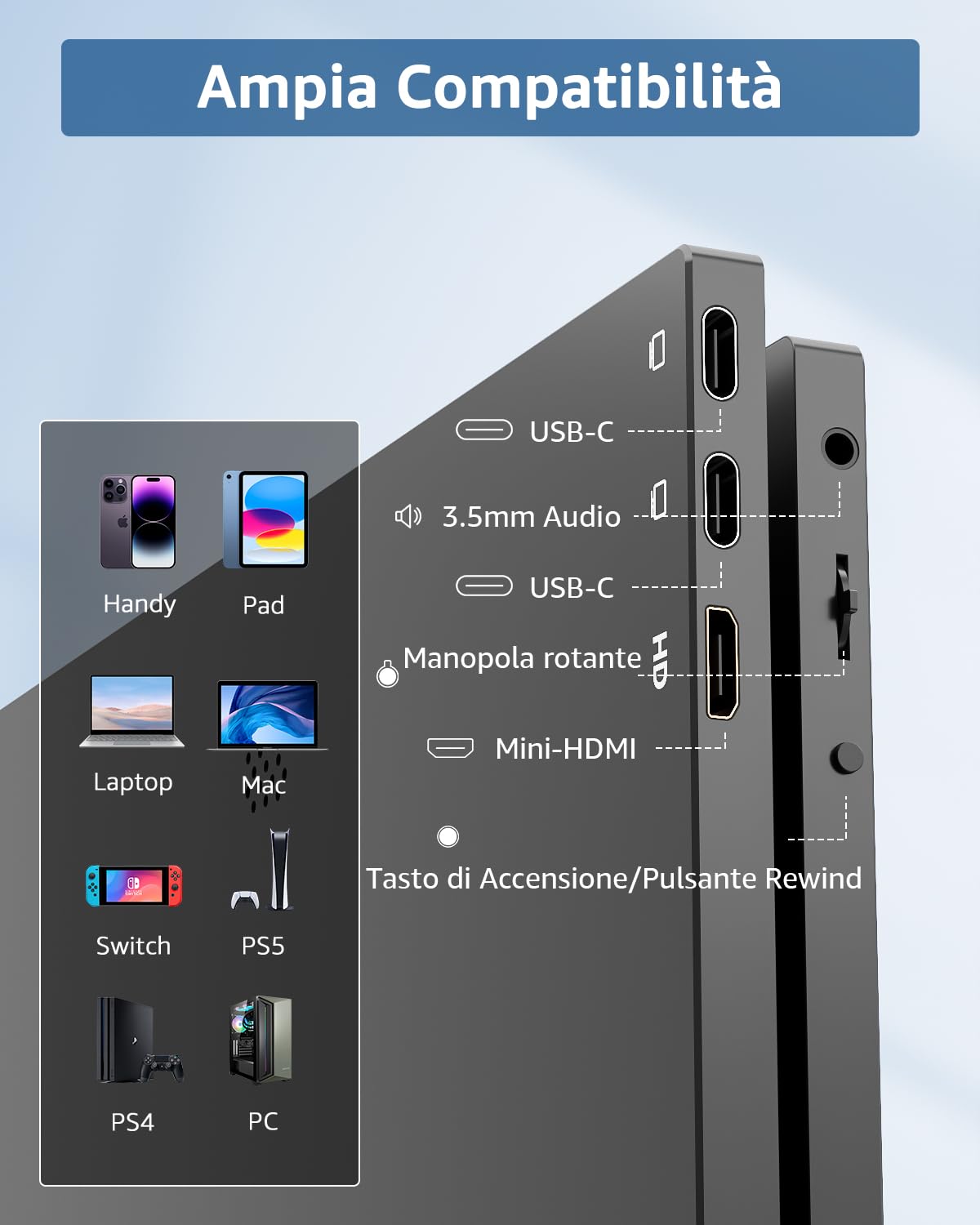 Yodoit Monitor portatile 14 pollici 1920 × 1080 FHD Monitor 100% SRGB IPS Display con USB Tipo C Altoparlanti integrati Monitor per la cura degli occhi per PC, laptop, MacBook, PS 3/4/5