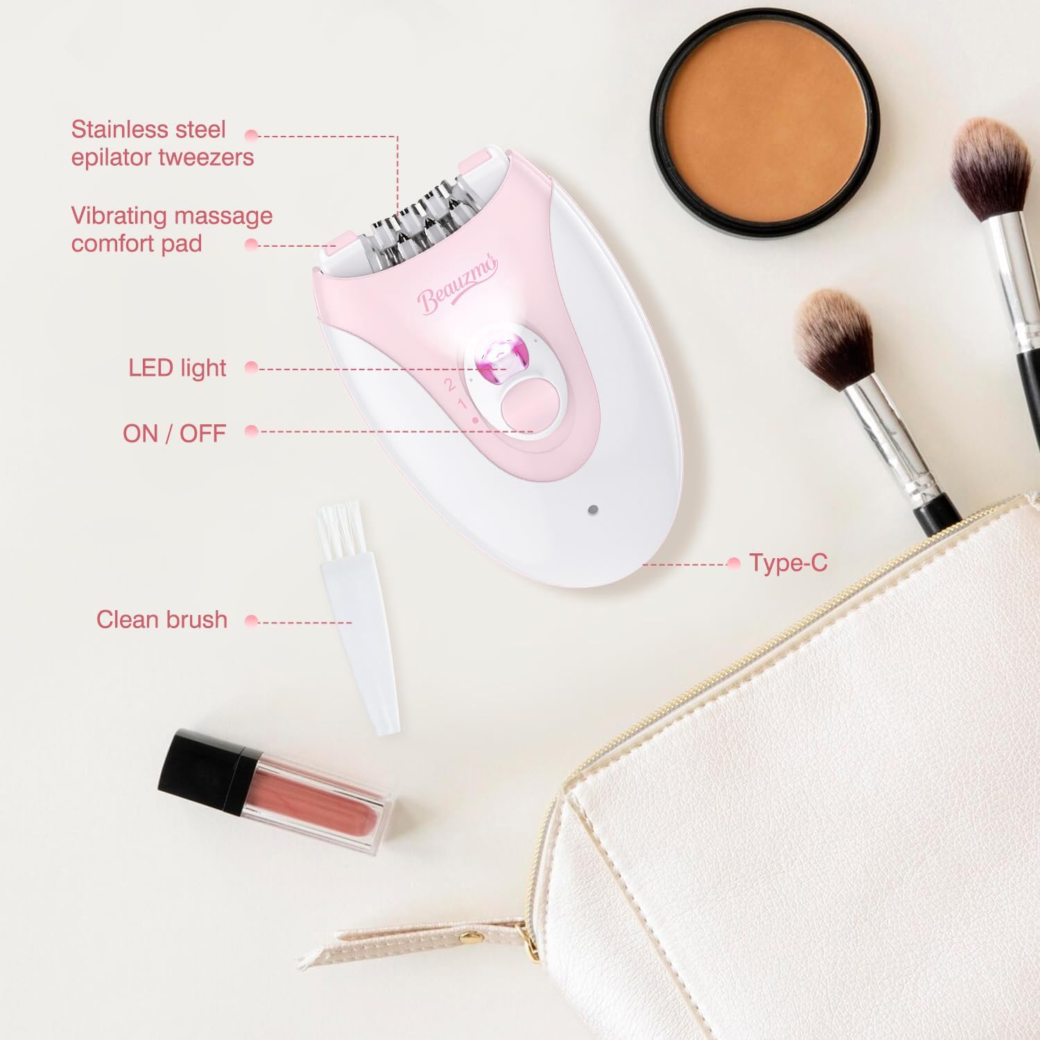 Epilierer für Frauen, Kabelloser Gesichtsepilierer mit LED-Licht, Schmerzloser Haarentferner für Gesicht, Körper, Achsel, Beine & Bikinizone