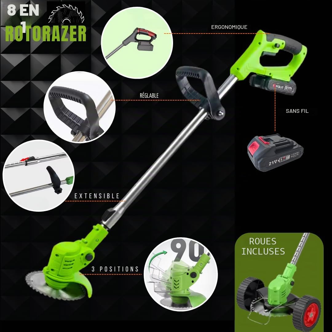 Best Direct Rotorazer Débroussailleuse électrique 8 en 1, 2 batteries 21 V, coupe-bordures, tondeuse, coupe-gazon, divers accessoires, tête pivotante à 90° (tondeuse + 2 batteries + 3 lames)