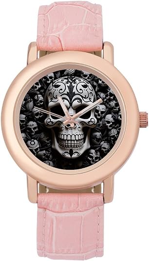 Black and White Skulls Watch for Women, Cute Pink Genuine Leather Band Watch, Fashion Elegant Analog Wristwatch, Precise Time, Adjustable Strap Dress Watches for Work Casual Daily