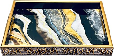 Bandeja com efeito marmorizado com alças, material plástico e elegante 33 x 23cm, decorativa propria para servir café da manhã, lanche ou festas. (preto e amarelo)