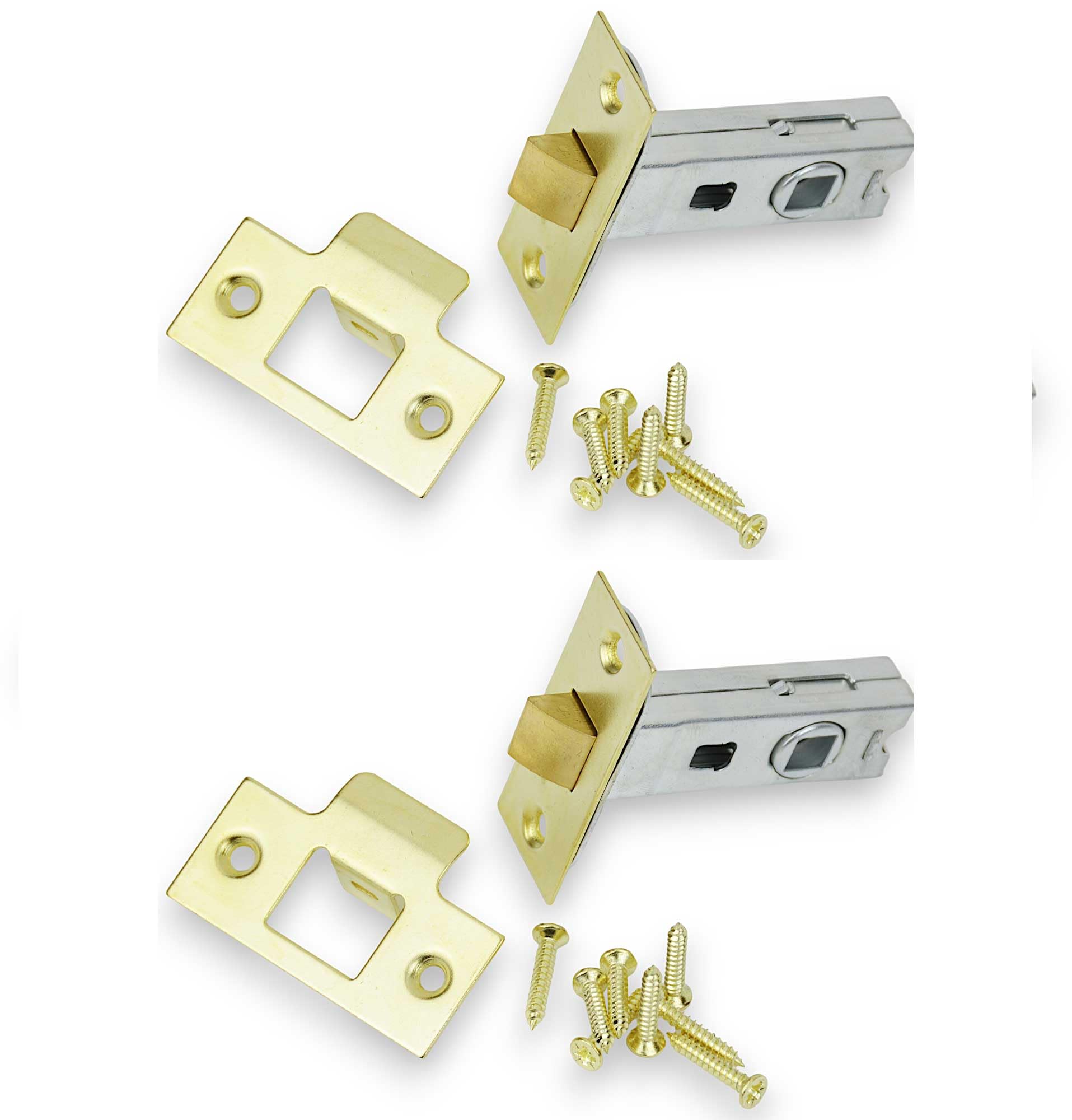 HANDLESTORE 2 x Sets of Tubular Door Latch - Chrome, Brass or Black - for Use with Door Handles - Bolt Through - 63mm or 75mm (63mm Brass x 2)