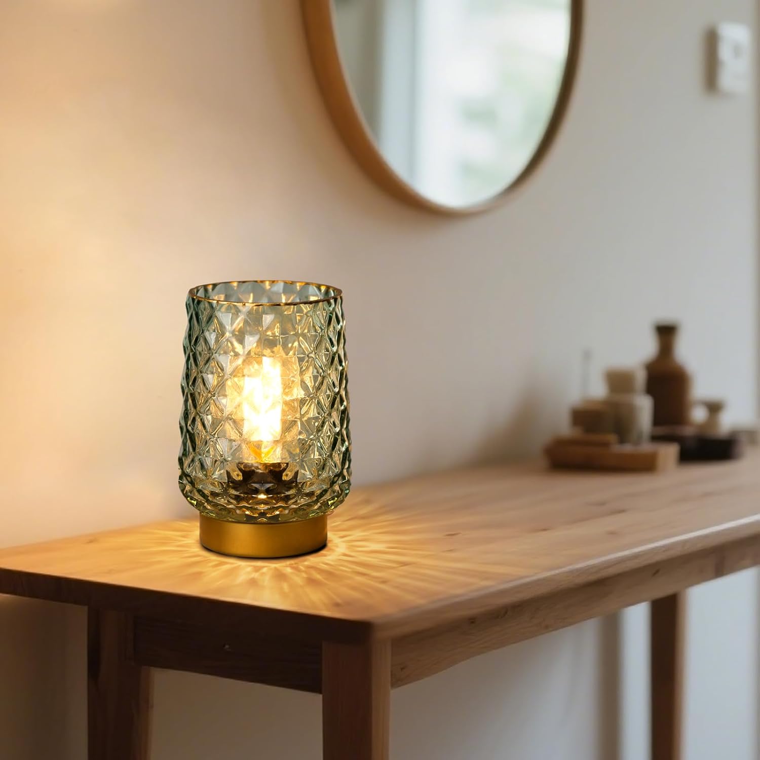 MJ Cordless Lamp with Timer - Battery Operated Green Aesthetic Lamp for Valentine's Day Battery Lamps for Home Cordless Kitchen Countertop Small Beside Lamps for Living Room, Entryway, Dorm