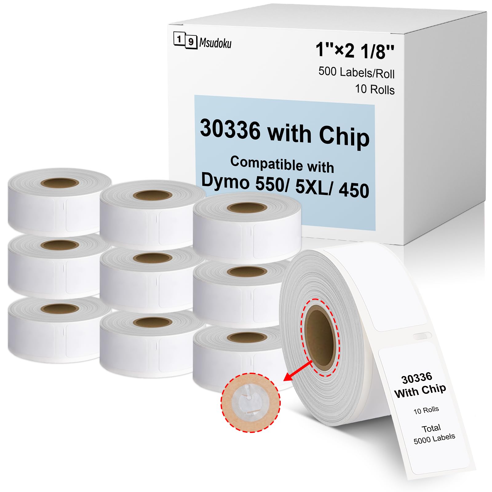 30336 1 x 2-1/8 pulgadas compatible con DYMO LabelWriter 5XL 550 550 Turbo 4XL 450 Wireless 450 Duo 450 Twin Turbo, etiqueta de 25 mm x 54 mm con chip para códigos de barras, 1 rollo de 500,