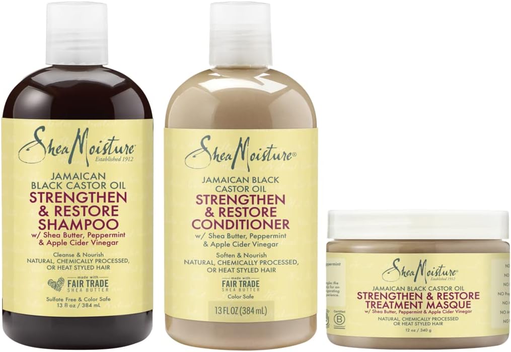 Strengthen and Restore Shampoo, Conditioner and Masque for Damaged Hair Jamaican Black Castor Oil Hair Care Regimen