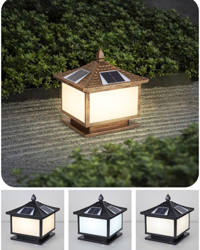 Zdalnie sterowane lampy solarne na słupki, nowoczesna prosta lampa na taras, wodoodporna latarnia słupkowa na patio, werandę, ogród(Brass,X-Large)