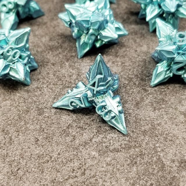 Sage's Portal Deadly Blossoms Metal DND Dice 7 Piece Polyhedral Dice Set for DND TTRPG Dungeons and Dragons Pathfinder Oversized Designer Ornamental Dice (Aquamarine)