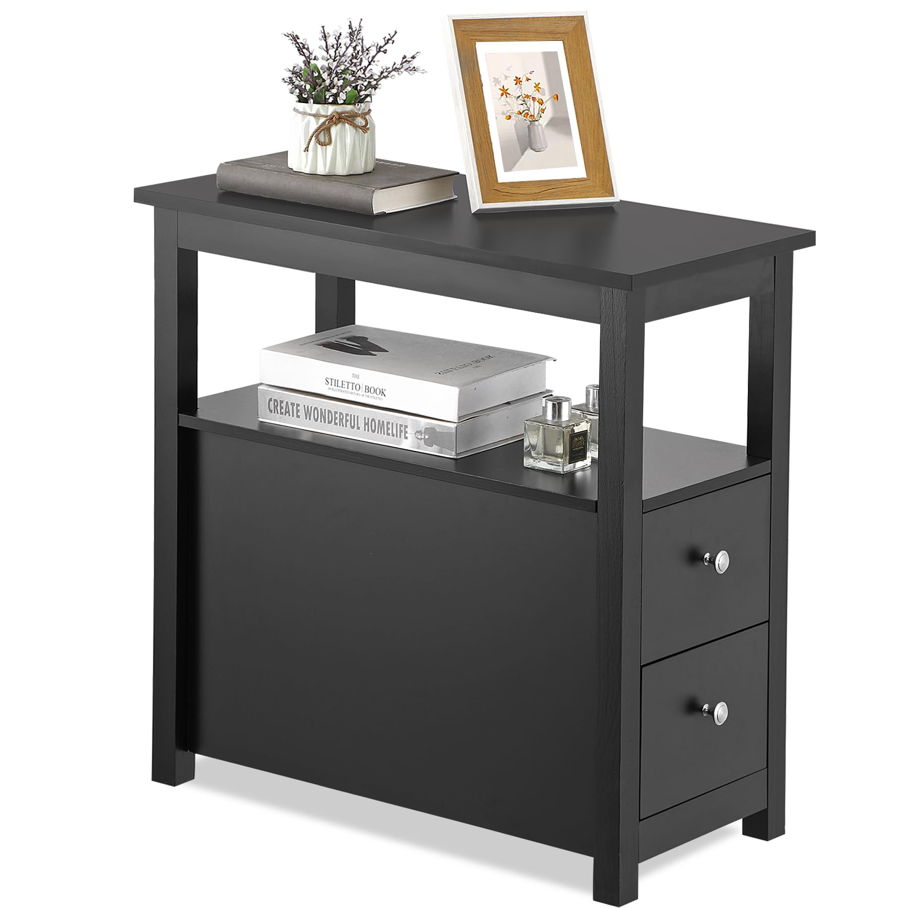 SUPER DEAL End Table with Drawers 3 Tier Narrow Side Table Wood Sofa Table for Living Room Bedroom Office Small Spaces, 23.6 x 24.1 inch, Black