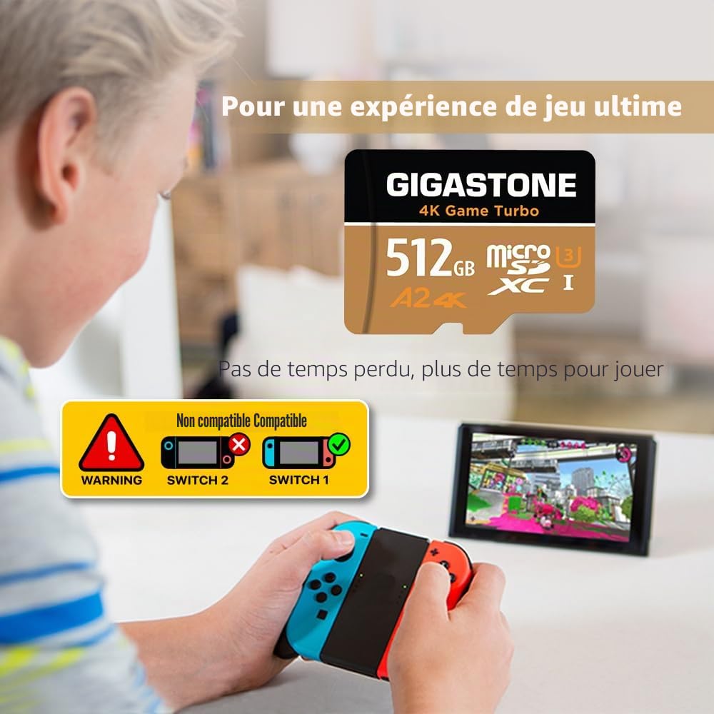 [5 Ans Récupération de données Gratuite] Gigastone Carte Mémoire 512 Go 4K Game Turbo, Professionnel pour GoPro Drone DJI Switch 1, Vitesse 160 Mo/s. A2 U3 V30 Carte Micro SDXC avec Adaptateur SD.