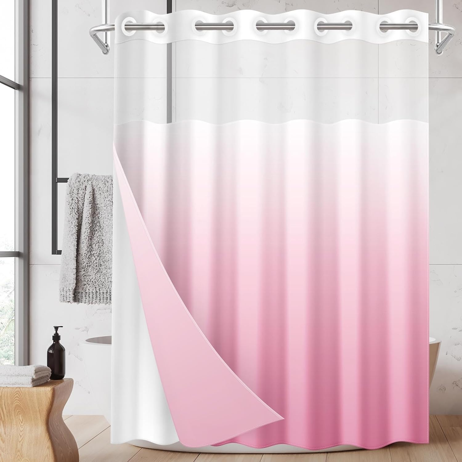 No Hook Ombre Pink Shower Curtain with Snap in Fabric Liner Set, Modern Design Double Layers Waterproof Fabric with See Through Top Window Open Grommet Bath Curtain 71x74 Inch
