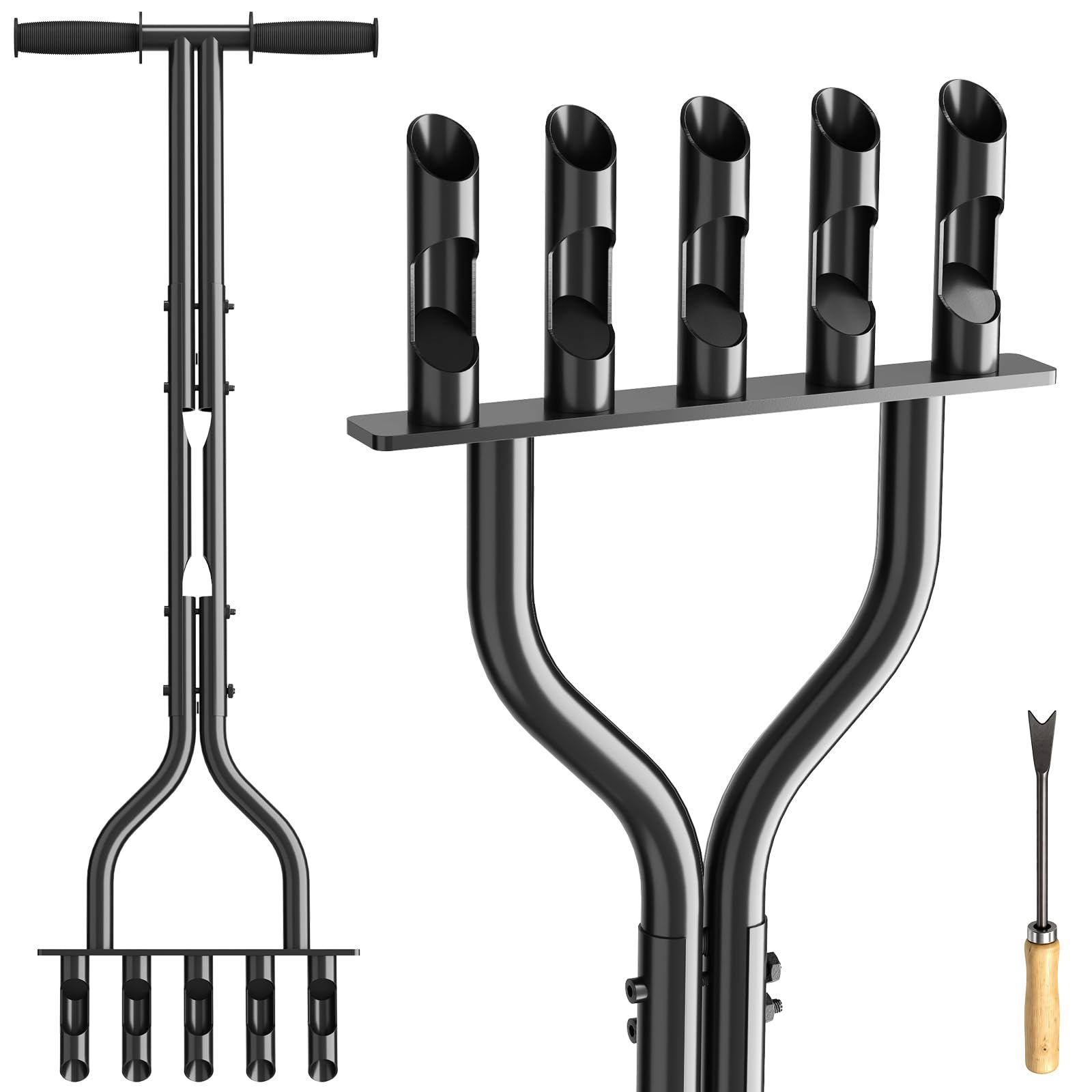 GROVELEAF Hollow Tine Lawn Aerator, Heavy Duty Aerator Lawn Tool with 5 Steel Core Tines and Rubber Grip, Manual Core Aerator for Loosening Soil and Improving Lawn Drainage