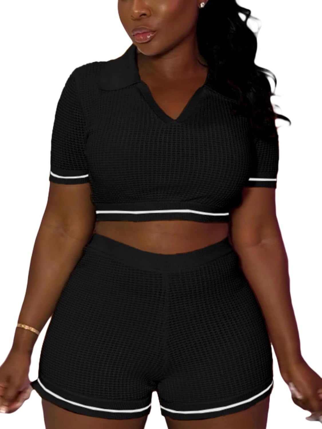 Ophestin Womens 2 Piece sets Casual Striped Knit Summer Vacation Outfits Crop Top and Shorts Set